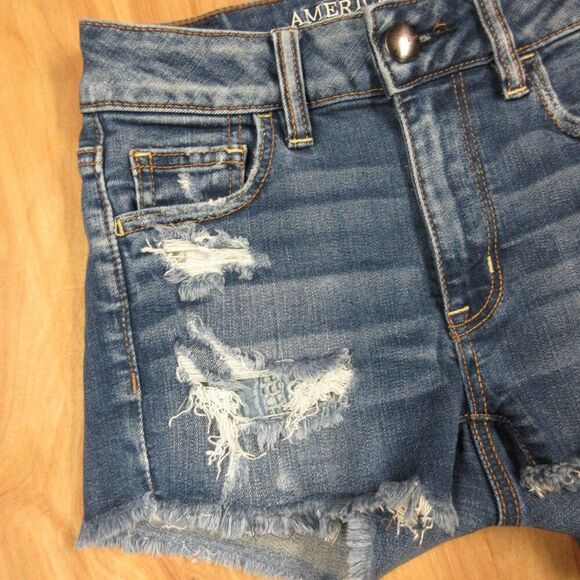 AMERICAN EAGLE Hi-Rise Shortie Womens Size 0 Frayed Hem Ripped Denim Jean Shorts - Picture 3 of 16